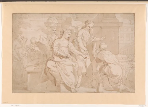 Allegorie op de verzorging in het Oudemannen- en vrouwengasthuis by Barend Graat, drawing, 1683-1685