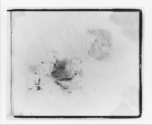 Three Studies: Standing Figure Facing Left; Interior with Two Figures and a Dog; Landscape (from Sketchbook) by Francis William Edmonds, artwork, 1835-1839