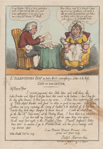 St. Valentine's Day or John Bull intercepting a Letter to his Wife by Thomas Rowlandson, print, 1809