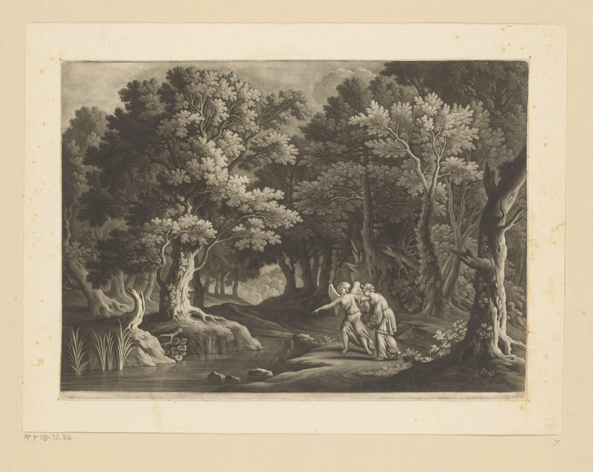 Een engel wijst Hagar op een bron by Bernard Lens, print, 1669-1725