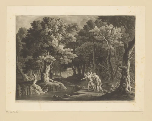Een engel wijst Hagar op een bron by Bernard Lens, print, 1669-1725