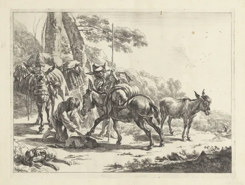 Hoefsmid bij een ezel by Jan de Visscher, print, 1657-1692