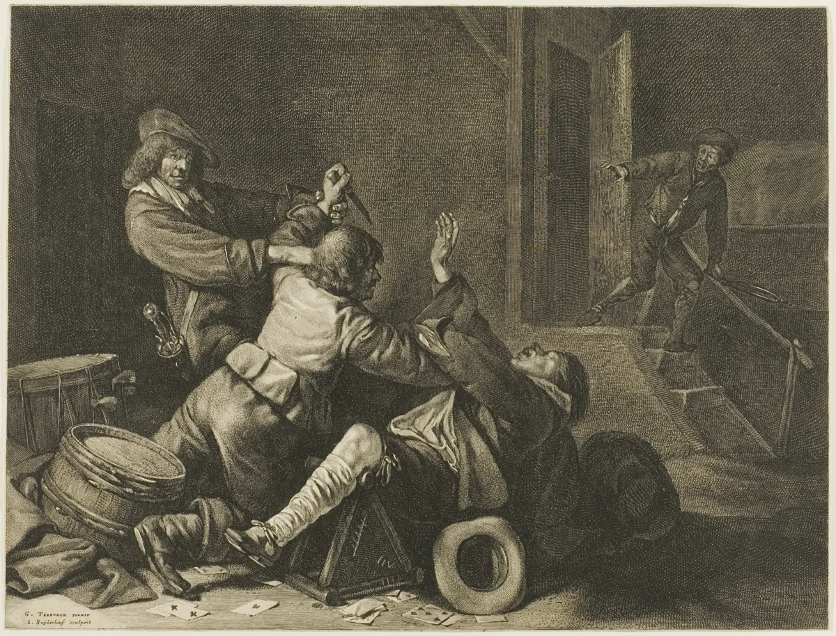 Three Men Struggling in an Interior by Jonas Suyderhoef, print, 1633-1686