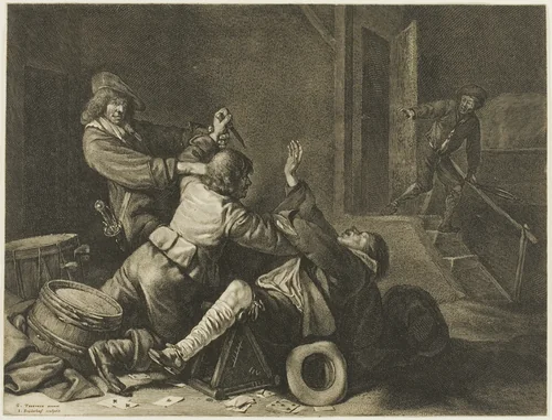 Three Men Struggling in an Interior by Jonas Suyderhoef, print, 1633-1686