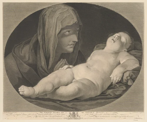 The Virgin in prayer, looking at the sleeping infant Christ, in an oval frame, after Reni by Simon Ravenet, print, 1765