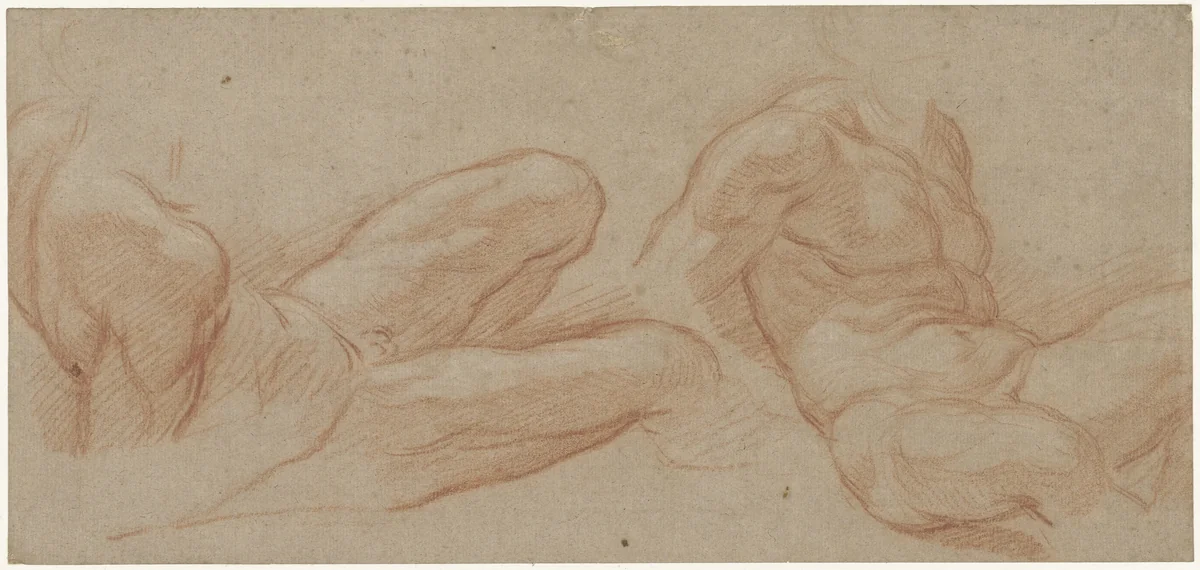 Twee studies van een liggende, naakte man by Eustache Lesueur, drawing, 1627-1655