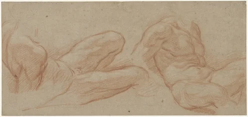 Twee studies van een liggende, naakte man by Eustache Lesueur, drawing, 1627-1655