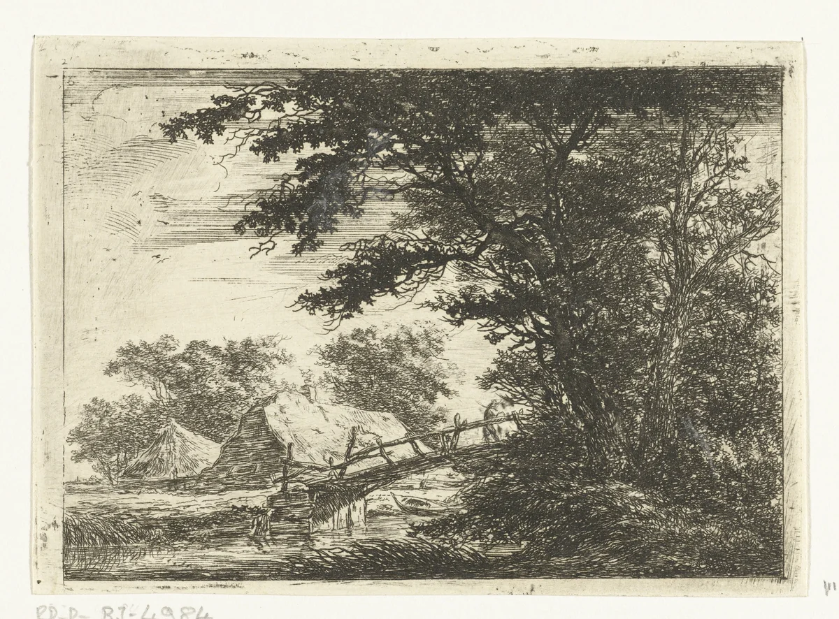 Houten brug bij huizen by Hermanus van Brussel, print, 1800-1815