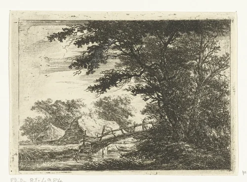 Houten brug bij huizen by Hermanus van Brussel, print, 1800-1815