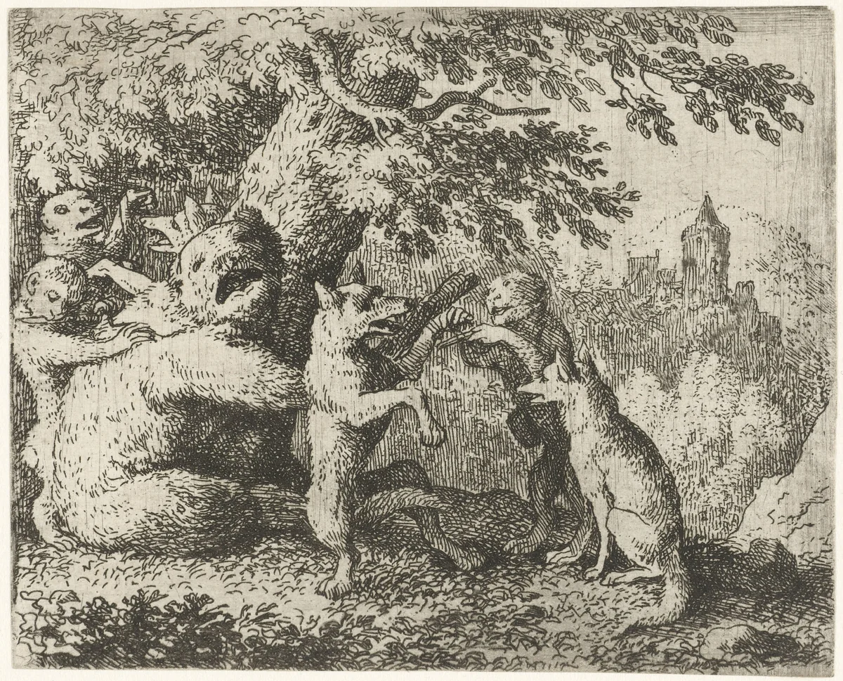Reinaert de vos maakt zich klaar voor zijn pelgrimstocht by Allaert van Everdingen, print, 1665-1675