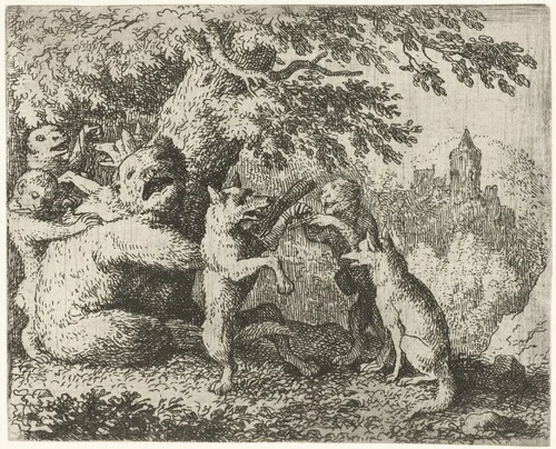 Reinaert de vos maakt zich klaar voor zijn pelgrimstocht by Allaert van Everdingen, print, 1665-1675