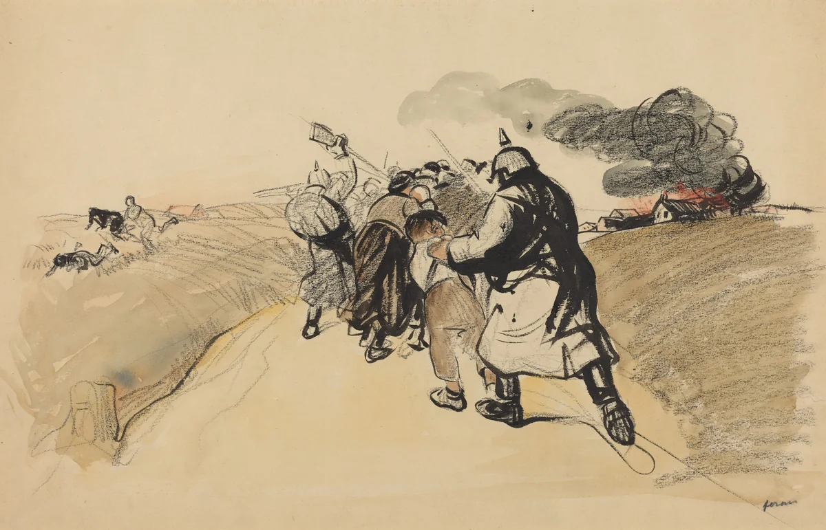 German Raid on a Village by Jean-Louis Forain, drawing, 1914-1919