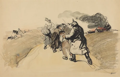 German Raid on a Village by Jean-Louis Forain, drawing, 1914-1919