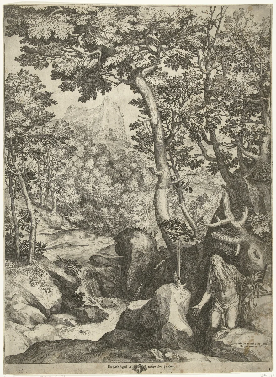 Landschap met de H. Onuphrius by Unknown, print, 1574