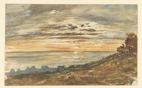 Ondergaande zon te Trouville by Paul Huet, drawing, 1813-1869
