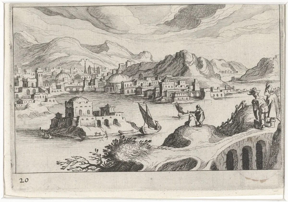 Stadsgezicht in een rivierdal by Simon Frisius, print, 1611