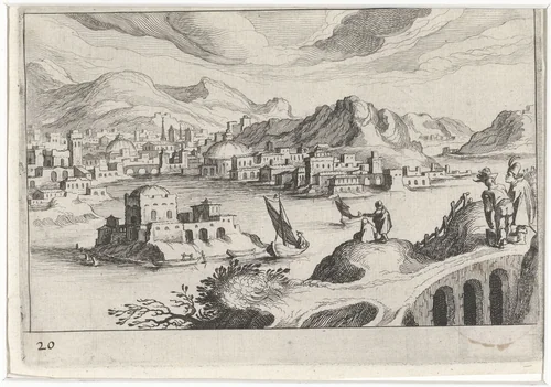 Stadsgezicht in een rivierdal by Simon Frisius, print, 1611