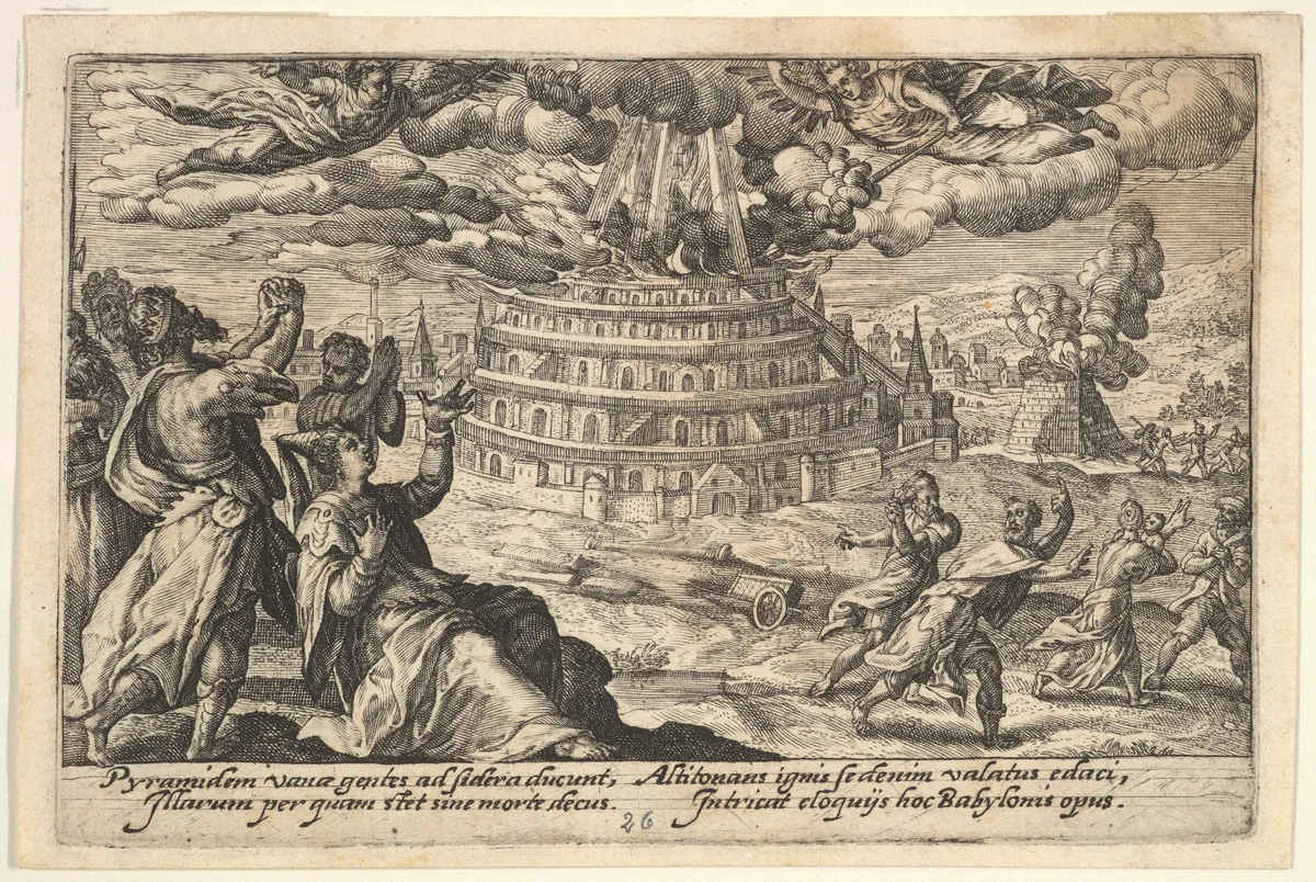 Destruction of the Tower of Babel: at right men and women flee from the burning tower, at left men and women raise their hands toward two flying angels, from "Liber Genesis" by Crispijn de Passe, print, 1612