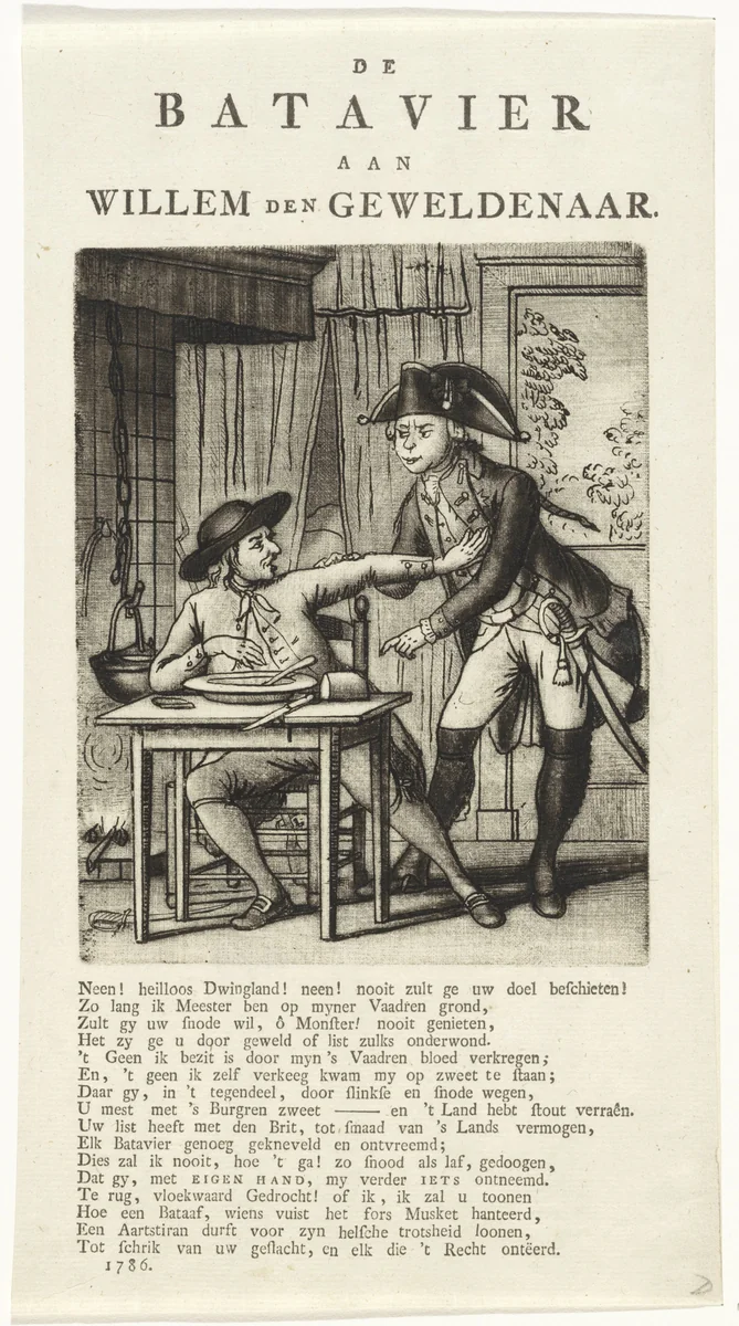 Spotprent op Willem V die een Gelderse boer zijn eten wil afnemen, 1786 by Johannes Jelgerhuis, print, 1786
