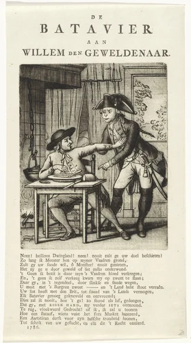 Spotprent op Willem V die een Gelderse boer zijn eten wil afnemen, 1786 by Johannes Jelgerhuis, print, 1786
