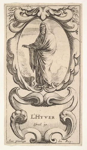 Winter, an old man wrapped in a cloak, warming his hands over a fire on the ground to left, within a cartouche decorated with bare tree limbs, from "The Four Seasons" (Les Quatre Saisons) by Stefano della Bella, print, 1638-1643