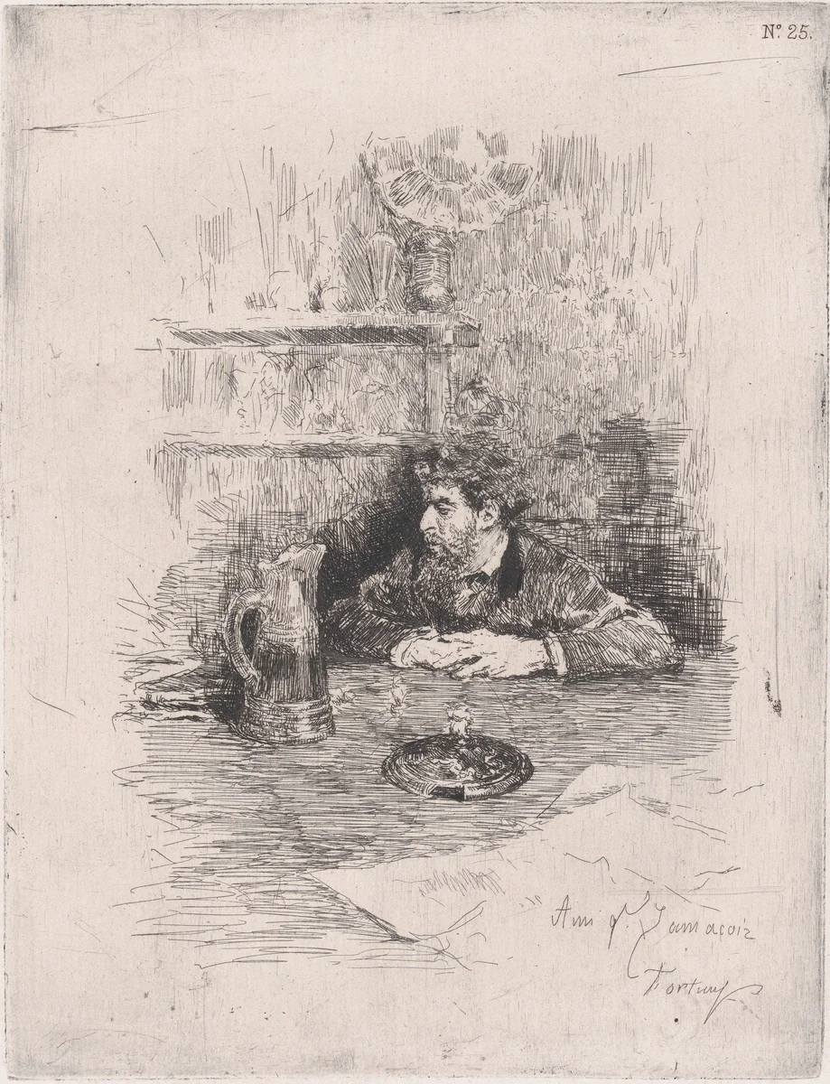 Portrait of the painter Eduardo Zamacois seated at a table by Mariano Fortuny, print, 1869