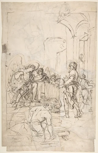Abraham Entertaining the Three Angels (Genesis 18:1-15) (recto); A Couple Embracing, and Other (verso) by Francesco Lamarra, drawing, 1710-1780
