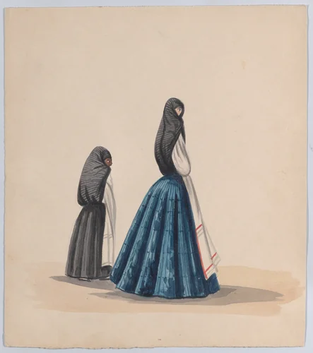 Two woman wearing the saya viewed in profile, from a group of drawings depicting Peruvian dress by Francisco Fierro, drawing, 1843-1853