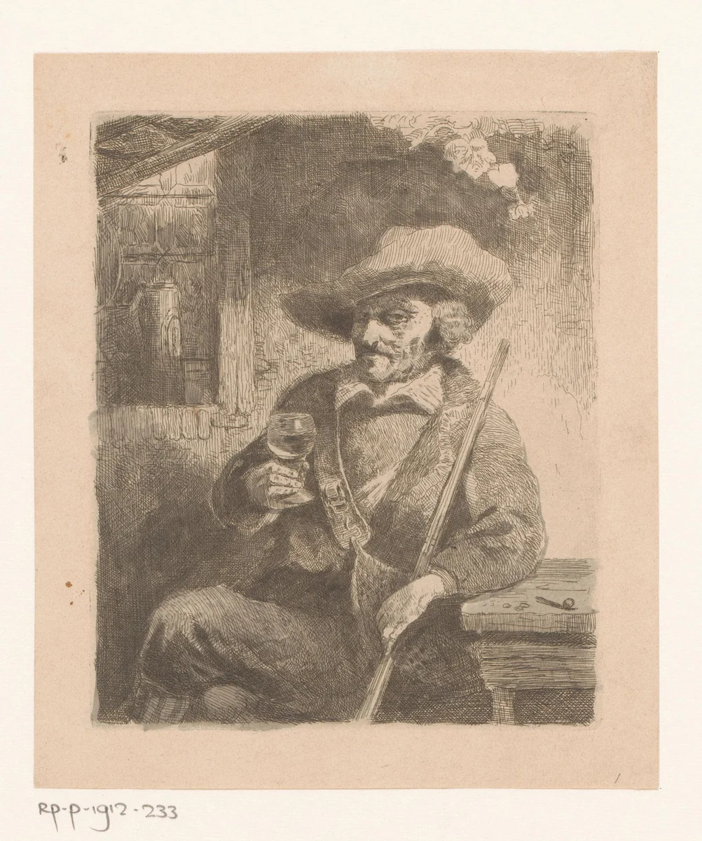 Jager drinkt een glas wijn by Willem Linnig, print, 1829-1885