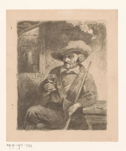 Jager drinkt een glas wijn by Willem Linnig, print, 1829-1885
