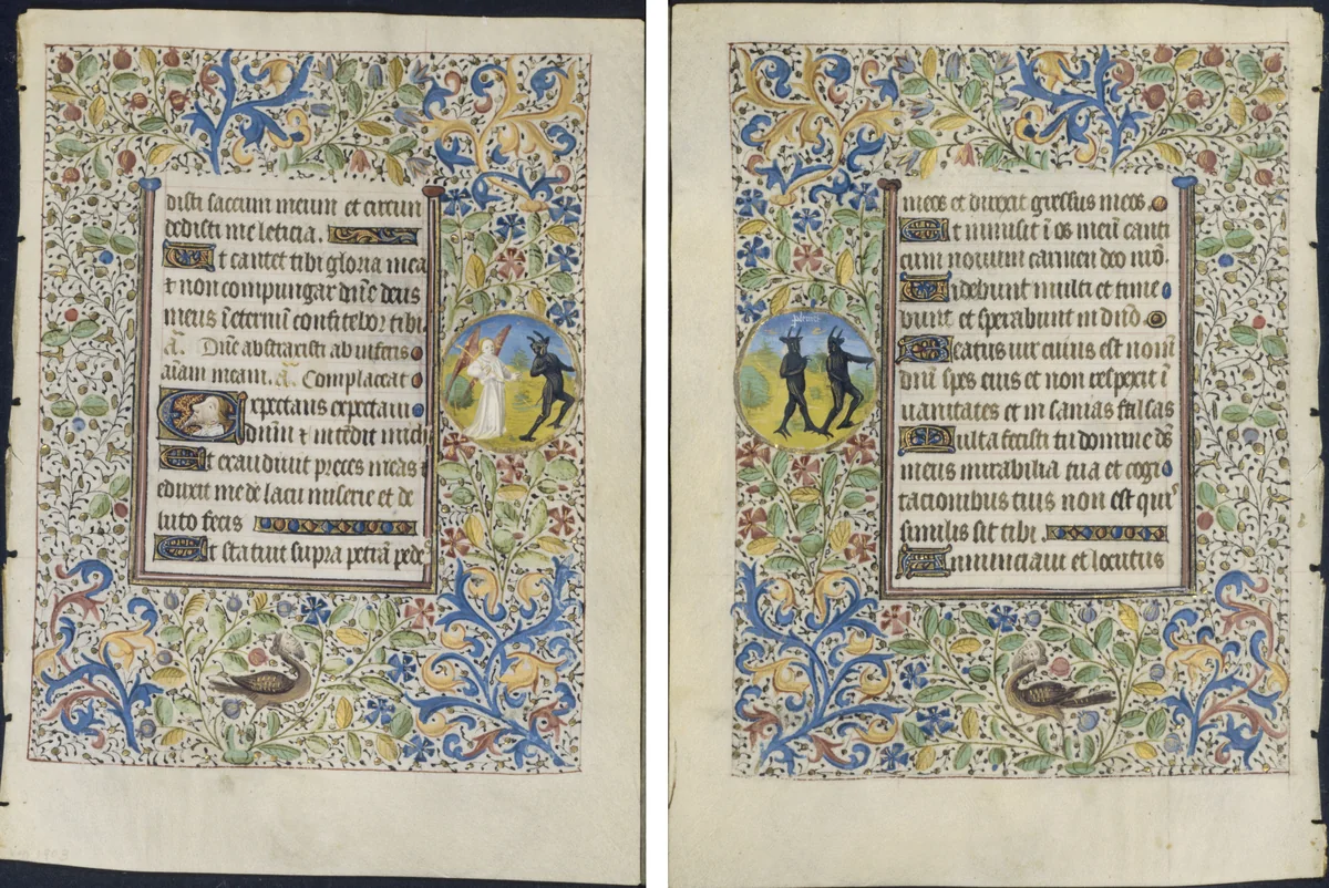 Leaf from a Book of Hours: Office of the Dead: Angel Chasing a Devil (recto) and Two Devils (verso) by Coëtivy Master, manuscript, 1455-1465