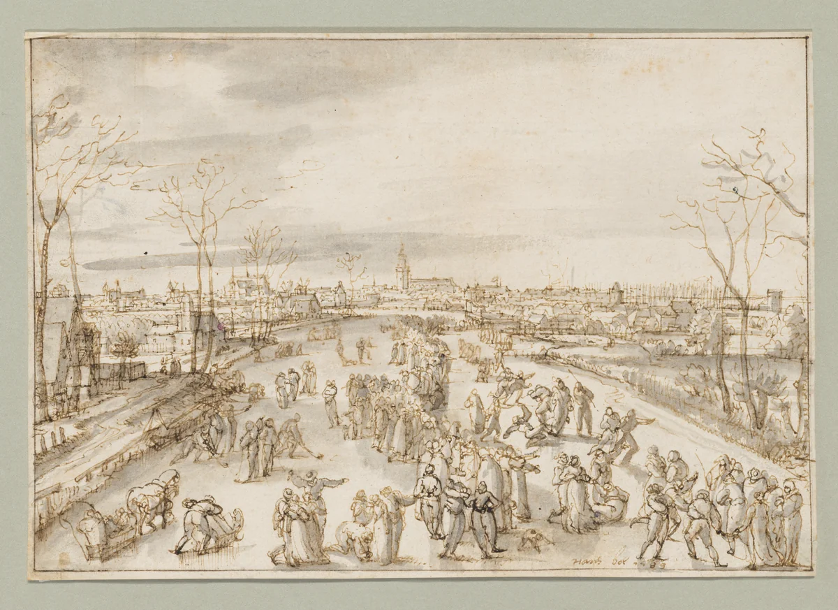 Ice skaters on the Amstel in Amsterdam by Hans Bol, drawing, 1589