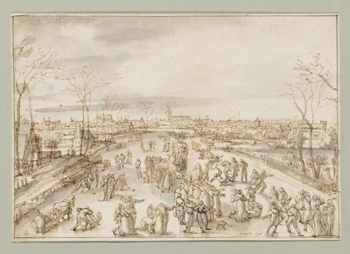 Ice skaters on the Amstel in Amsterdam by Hans Bol, drawing, 1589