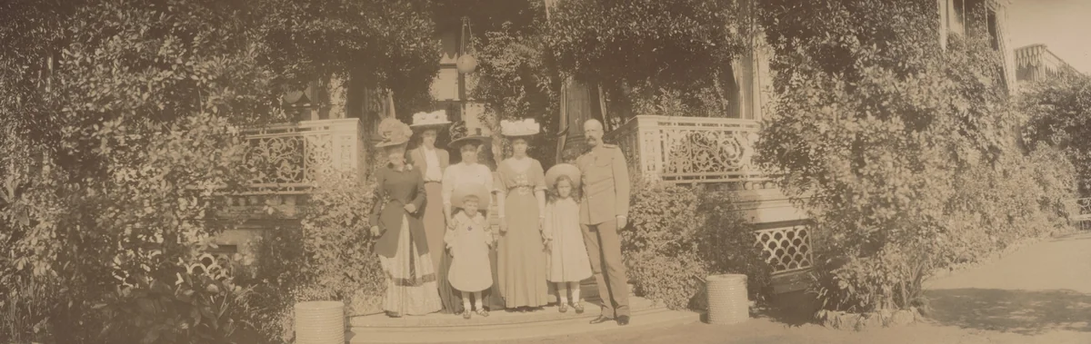 Sisters Xenia Alexandrovna and Olga Alexandrovna with Grand Duke George Mikhailovich at Ivy Steps, Peterhof by Unidentified Photographer, photograph, 1908