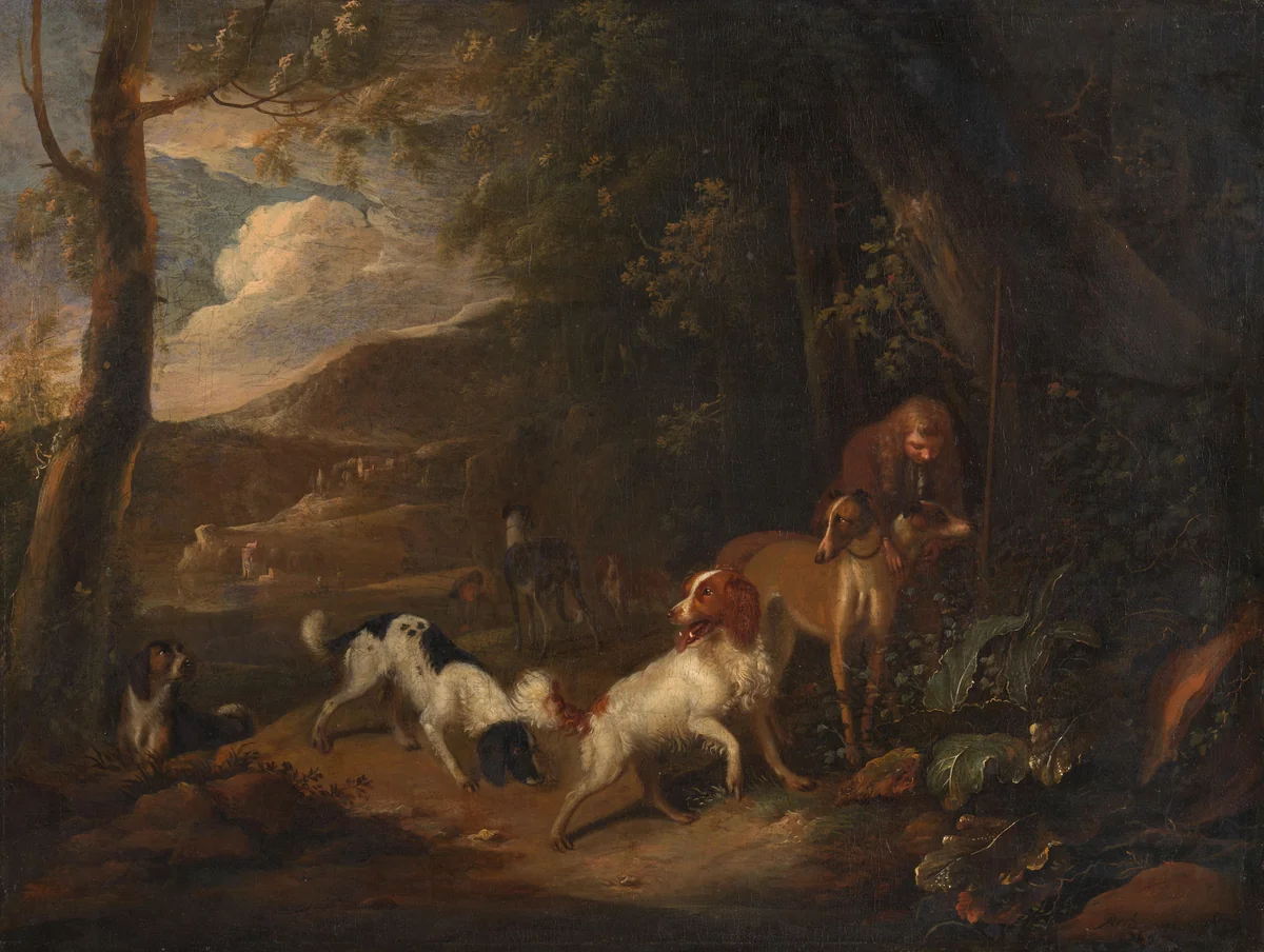 Hunter with Hounds at the Edge of a Wood by Adriaen Cornelisz Beeldemaker, painting, 1696
