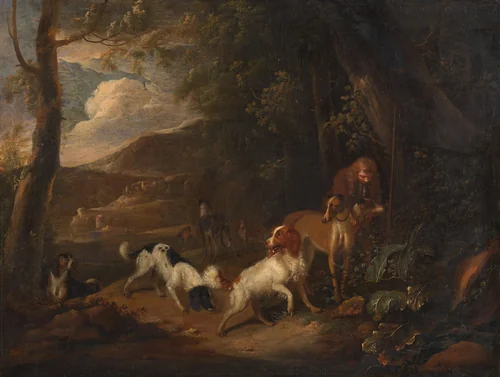 Hunter with Hounds at the Edge of a Wood by Adriaen Cornelisz Beeldemaker, painting, 1696