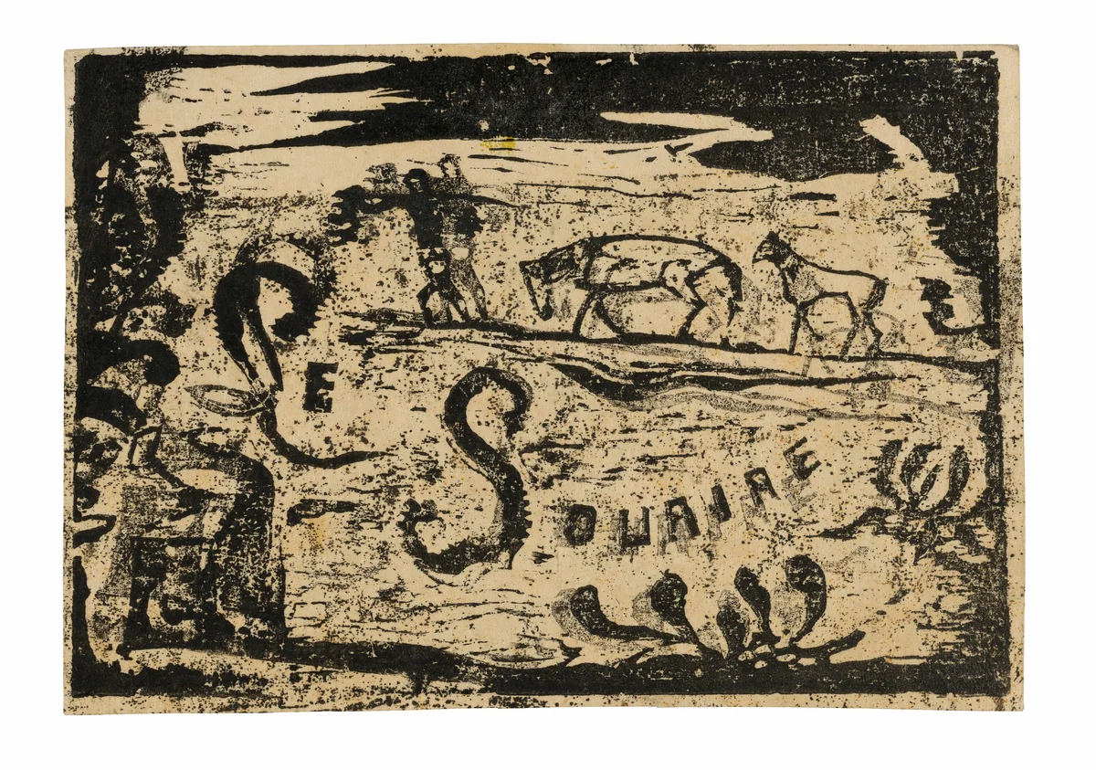 Man Carrying Bananas Followed by Two Horses, headpiece for Le sourire by Paul Gauguin, print, 1900