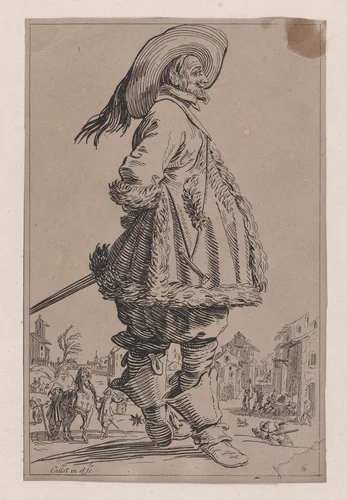 Copy of Le Gentilhomme au Manteau Bordé de Fourrures Tenant ses Mains Derrière le Dos (The Gentleman with a Fur-Lined Mantle Holding His Hands Behind his Back), from "La Noblesse" (The Nobility) by anonymous, print, 1625-1700
