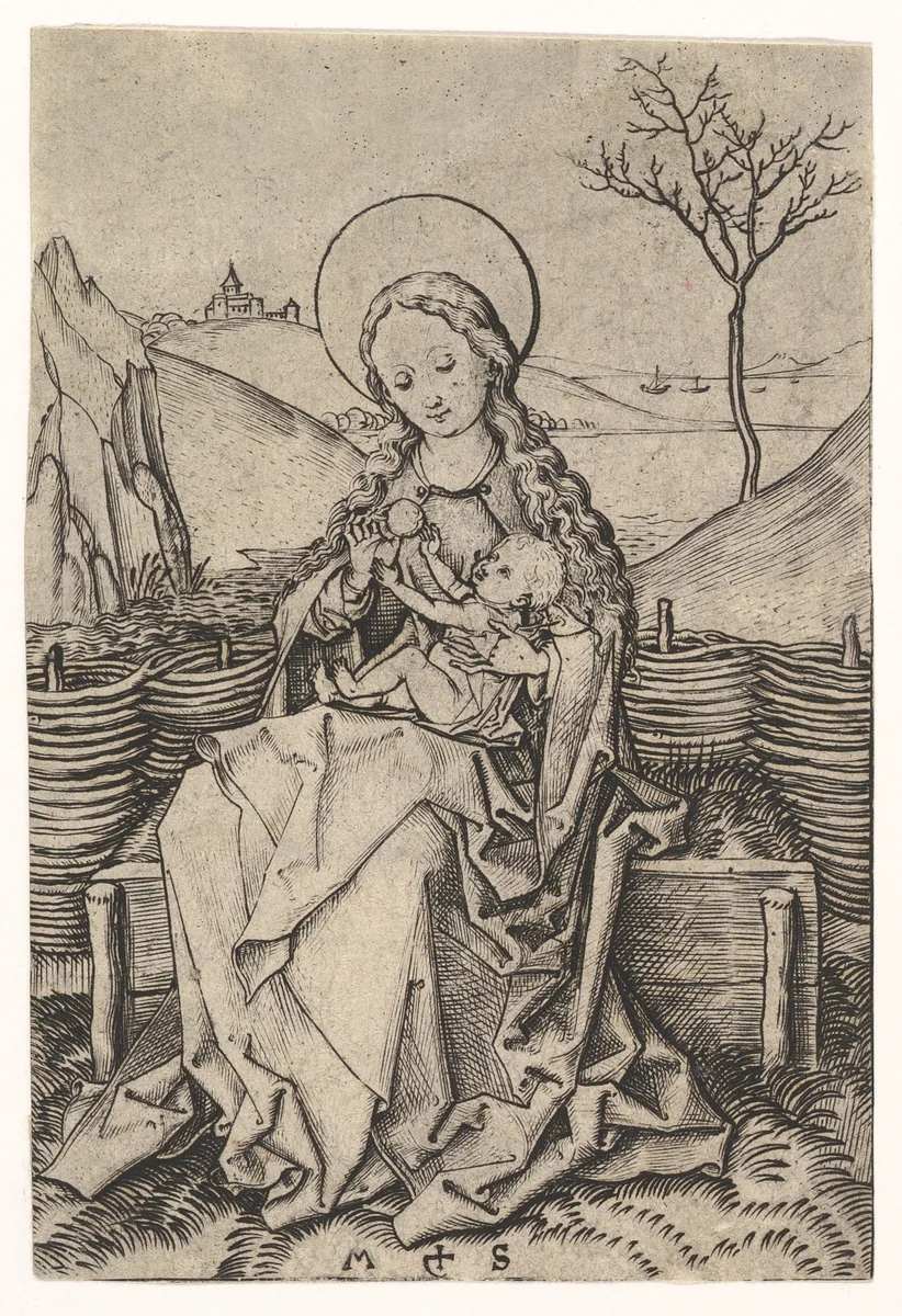 Virgin and Child on a Grassy Bench by Martin Schongauer, print, 1470-1491