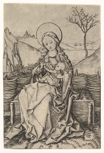 Virgin and Child on a Grassy Bench by Martin Schongauer, print, 1470-1491