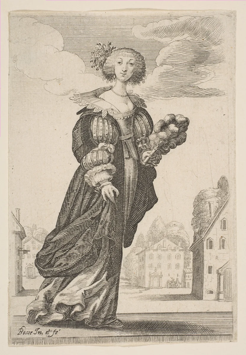 Woman Holding a Fan, from "The Garden of the French Nobles In Which One Can Pick Up Their Way of Dressing" by Abraham Bosse, print, 1629