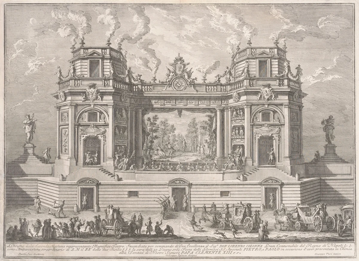 The Seconda Macchina for the Chinea of 1761: A Magnificent Theater by Giuseppe Vasi, print, 1761
