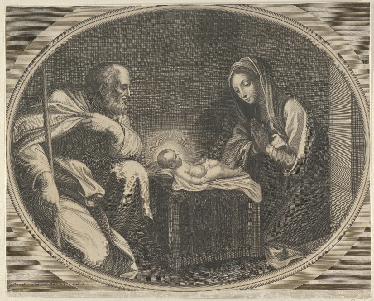 The Virgin kneeling in prayer before the infant Christ who is lying on a wooden box, Saint Joseph at left, a mule at right, in an oval frame, after Reni by anonymous, print, 1675-1738