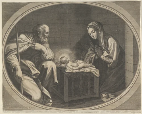 The Virgin kneeling in prayer before the infant Christ who is lying on a wooden box, Saint Joseph at left, a mule at right, in an oval frame, after Reni by anonymous, print, 1675-1738