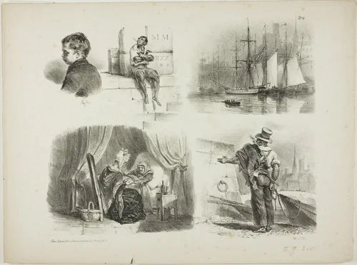 Sheet of Sketches by Denis Auguste Marie Raffet, print, 1828
