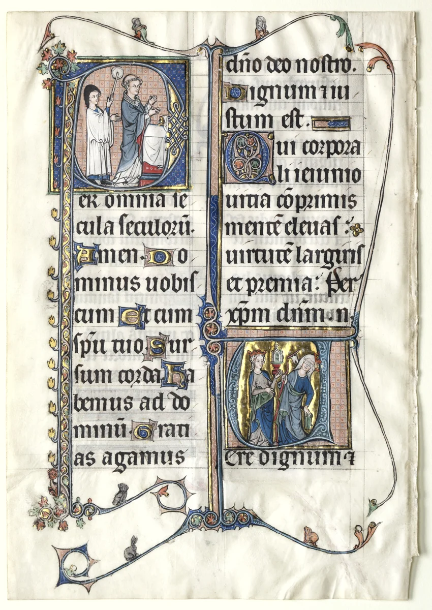 Leaf from a Missal with Two Historiated Initials: Initial P[er omnia saecula saeculorum] (A Priest Celebrates Mass) and Initial V[ere dignum et iustum est] (Ecclesia and Synagogue) by Unknown, manuscript, 1295-1305