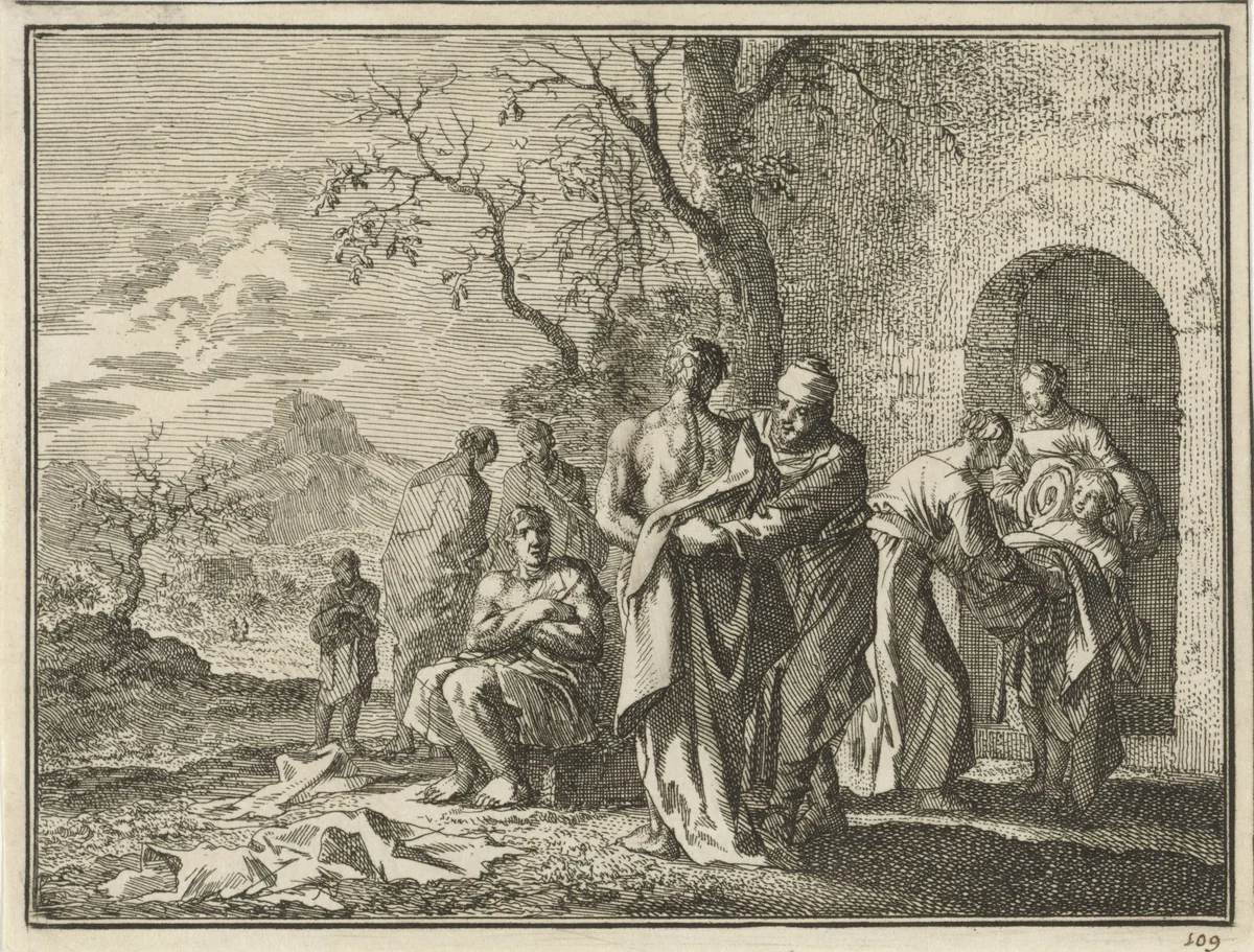 Kleden van de naakten by Jan Luyken, print, 1712