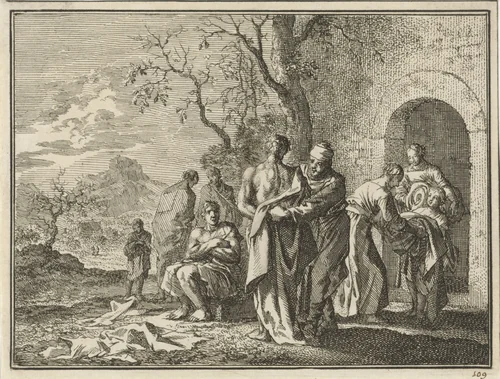 Kleden van de naakten by Jan Luyken, print, 1712