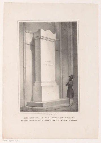 Man staat voor grafmonument van Joan Melchior Kemper by anonymous, print, 1835-1871