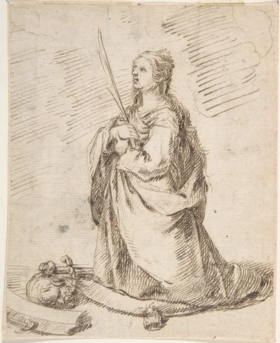 Kneeling Figure of Saint Catherine of Alexandria by anonymous, drawing, 1600-1700
